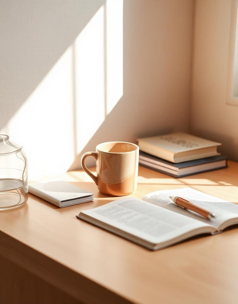A sunlit minimalist desk with a ceramic mug and notebook
